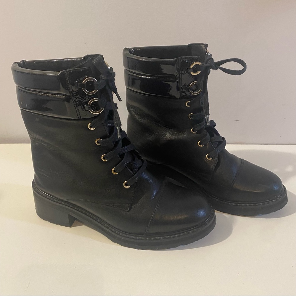 Fabianelli Black Leather Patent Detail Combat Ankle Boots Italy Size 39
